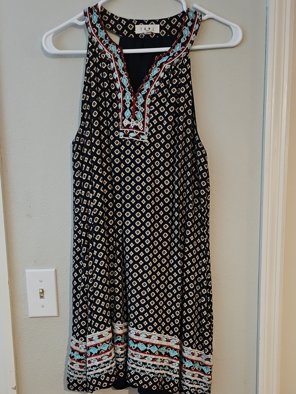 THML Black Mini Dress with Turquoise and Rust Trim